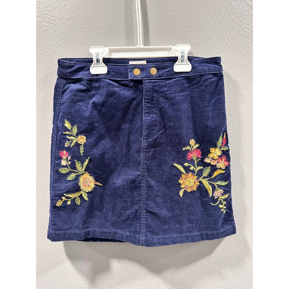 Mossimo Navy Blue Corduroy Floral Embroidered Mini Skirt Size 2 Boho A-Line